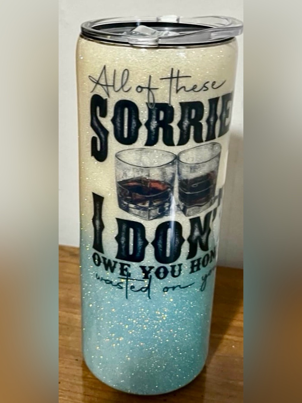 Glitter Ombre Tumbler with Whiskey Graphic - Blue & Cream
